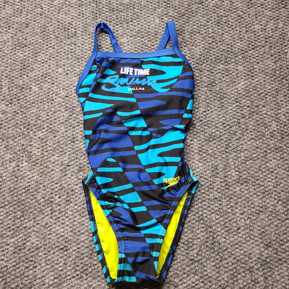 Speedo Girls Life Time Swim Dallas One Piece Swimsuit Blue Black Stripe 2808